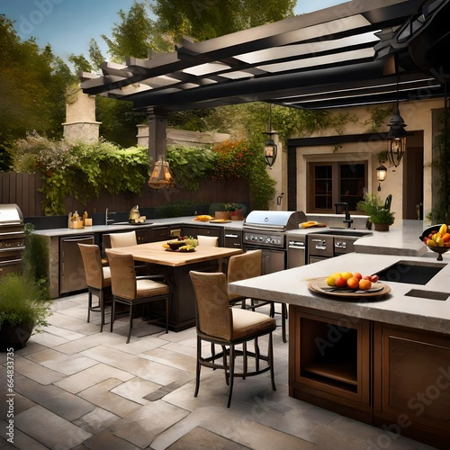 outdoor kitchen and dining area set on a beautifully paved patio.