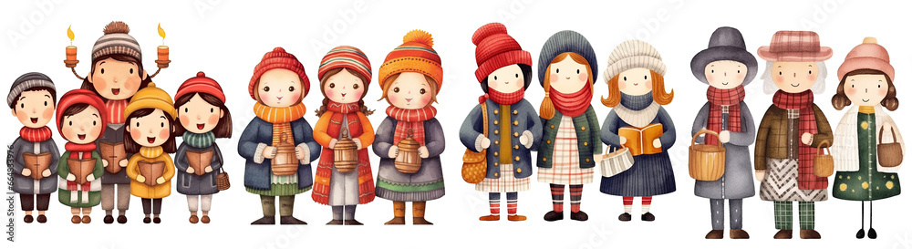 Christmas carolers , Set of Christmas Theme watercolor illustration , Christmas carolers isolated white transparent background, PNG Christmas carolers , Set of Christmas Theme watercolor illustration , Christmas carolers isolated white transparent background, PNG