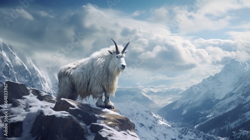 A majestic mountain range blanketed in snow  with a solitary mountain goat perched on a rugged peak.