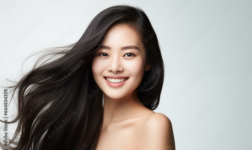 Portrait of a beautiful Asian woman with a bright smile, hair is a beautiful black color, shampoo advertising concept Hair conditioner and cosmetic products,Generative AI - obrazy, fototapety, plakaty 