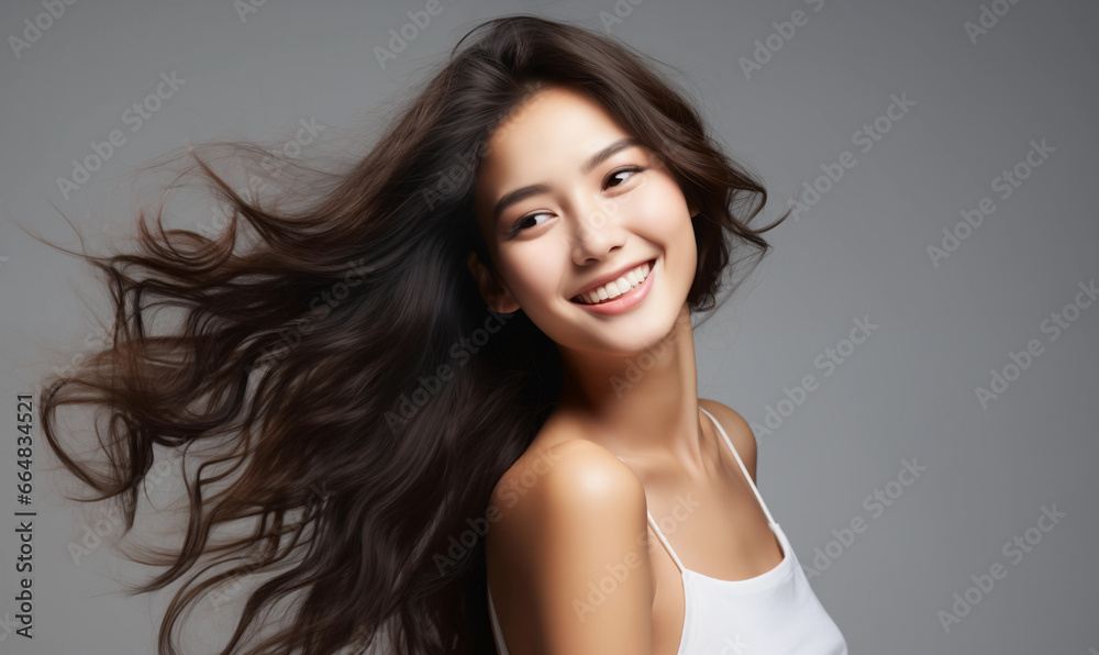 Portrait of a beautiful Asian woman with a bright smile, hair is a beautiful brown color, shampoo advertising concept Hair conditioner and cosmetic products,Generative AI Portrait of a beautiful Asian woman with a bright smile, hair is a beautiful brown color, shampoo advertising concept Hair conditioner and cosmetic products,Generative AI
