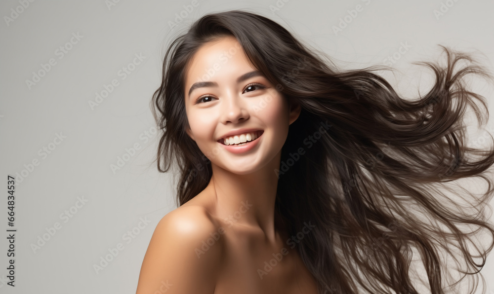 Portrait of a beautiful Asian woman with a bright smile, hair is a beautiful brown color, shampoo advertising concept Hair conditioner and cosmetic products,Generative AI - obrazy, fototapety, plakaty 