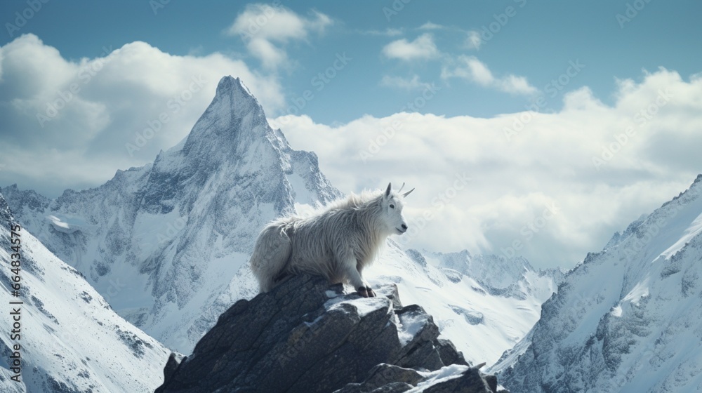 A majestic mountain range blanketed in snow, with a solitary mountain goat perched on a rugged peak.