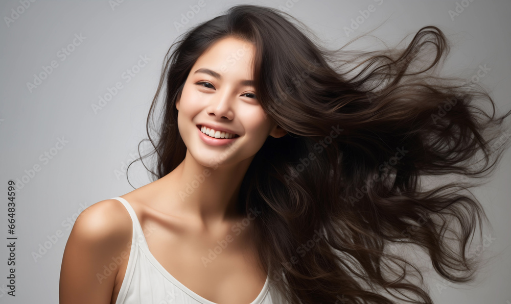 Portrait of a beautiful Asian woman with a bright smile, hair is a beautiful brown color, shampoo advertising concept Hair conditioner and cosmetic products,Generative AI Portrait of a beautiful Asian woman with a bright smile, hair is a beautiful brown color, shampoo advertising concept Hair conditioner and cosmetic products,Generative AI