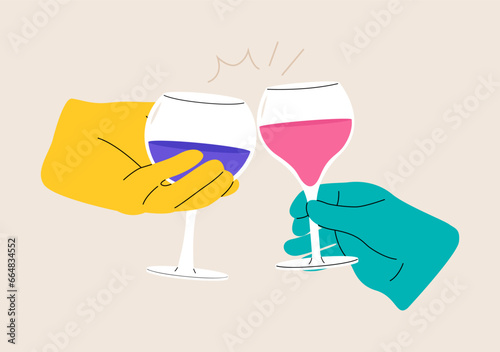 Two hands clinking wine glasses. Colorful vector illustration