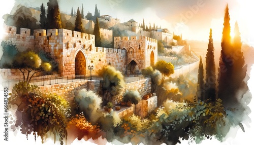 Generative AI painting of Jerusalem in watercolor photo