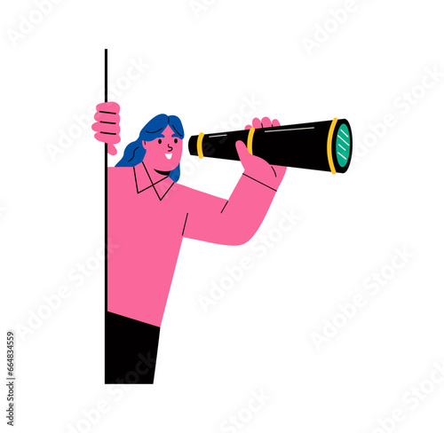 Business woman with binoculars look into future. Concept of vision, search for goal, research and observation. Flat vector illustration isolated on white background