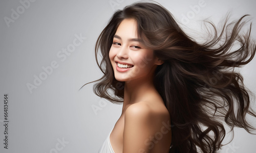 Portrait of a beautiful Asian woman with a bright smile, hair is a beautiful brown color, shampoo advertising concept Hair conditioner and cosmetic products,Generative AI