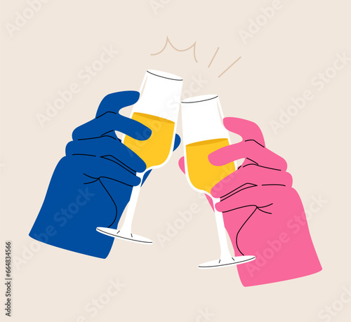 Hands of people clinking glasses with sparkling wine celebrating holiday. Colorful vector illustration
