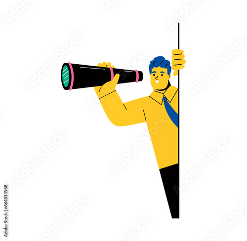 Business man with binoculars look into future. Concept of vision, search for goal, research and observation. Flat vector illustration isolated on white background