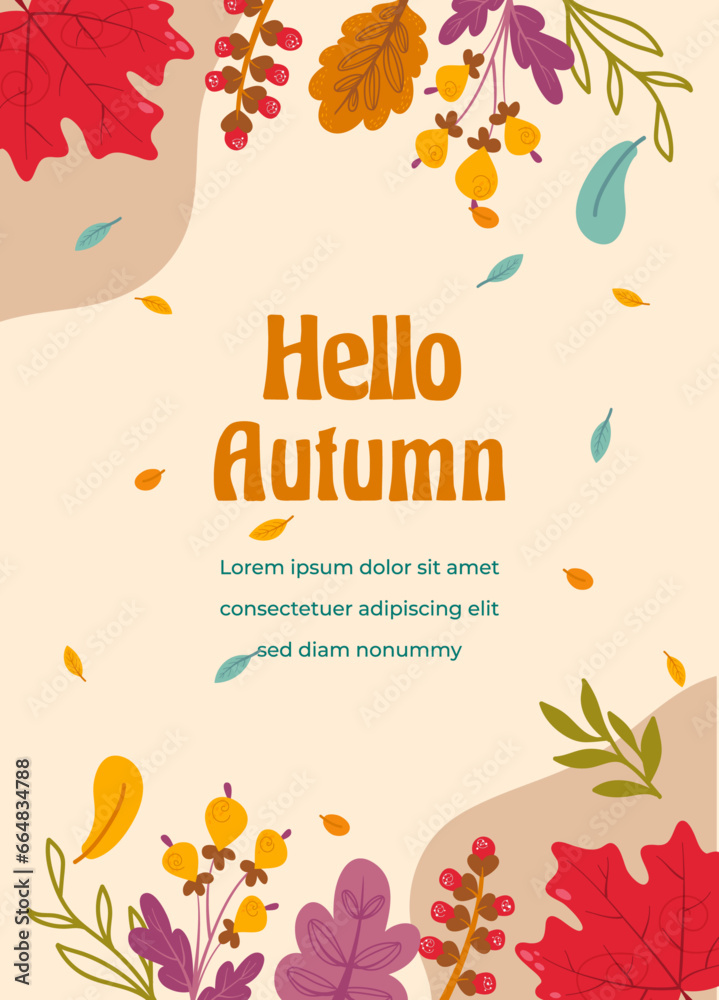 Hello Autumn Poster Vector Design with fallen leaves