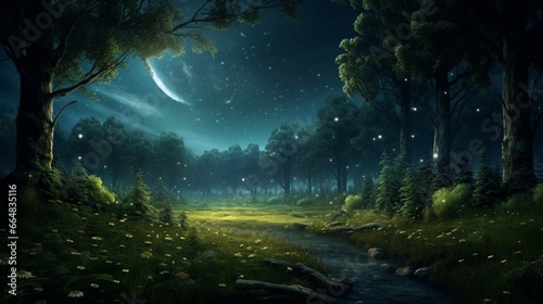 A moonlit meadow with fireflies illuminating the night  surrounded by a dense  ancient forest.