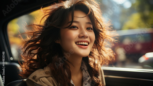 Beautiful Asian woman gets a new car She is very happy and excited. Woman driving a car smiling on the road on a bright day © Morng
