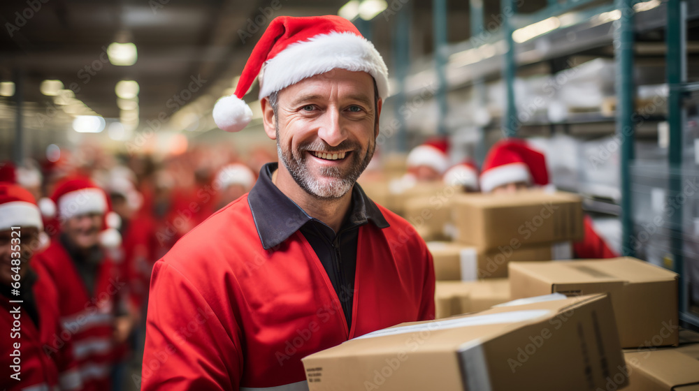 Candid shot of male worker in factory. Wearing christmas cap. Holiday season concept. Candid shot of male worker in factory. Wearing christmas cap. Holiday season concept.