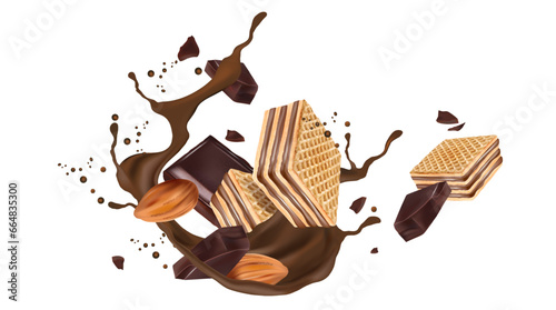 Crispy wafer chocolate splashing with almonds seed in the middle on white background. Realistic vector in 3D illustration. Food concepts.