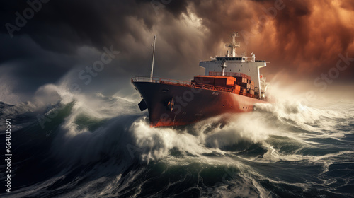 A cargo ship sailing on the sea in a storm. Concept of nature, water element, disaster.