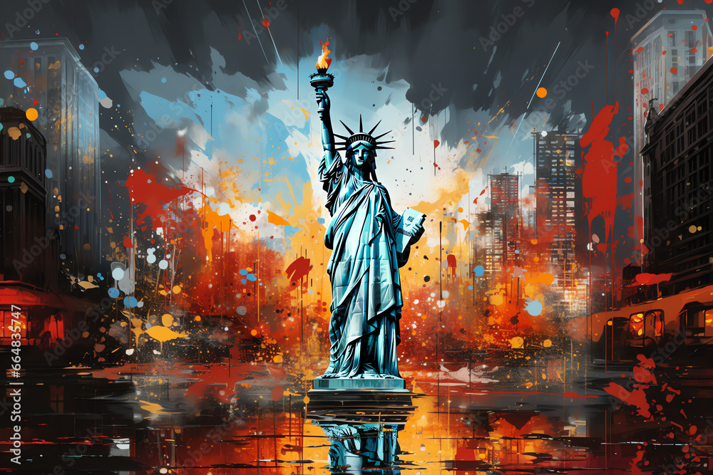 horizontal liberty statue painting concept, AI generated - obrazy, fototapety, plakaty 