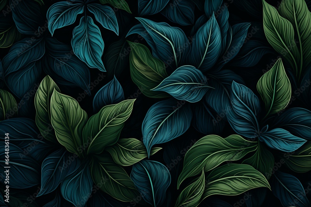 A dark background with blue and green leaves. Generative AI