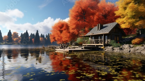 A peaceful lakeside cottage surrounded by vibrant autumn foliage and reflected in the calm, clear water.