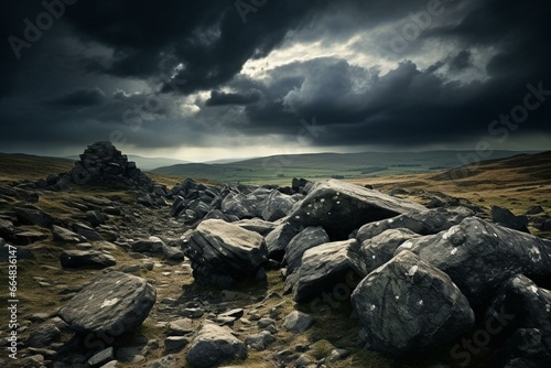 Stormy atmospheric skies with scattered rocks. Generative AI