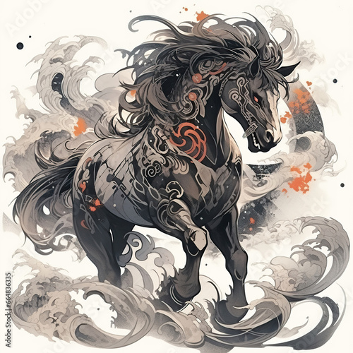 Majestic Horse in Motion: A Symbol of Freedom and Power,Chinese Ink Painting by Dark Horse © Moon
