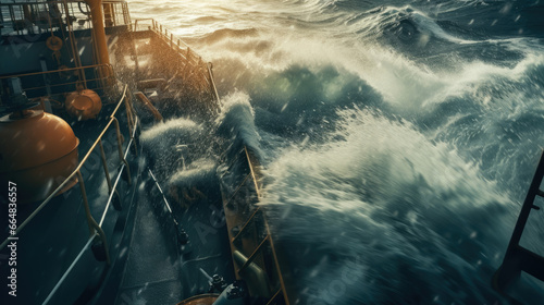 The deck of a ship is flooded with water during a storm. The ship's deck is flooded. Natural disaster concept. photo