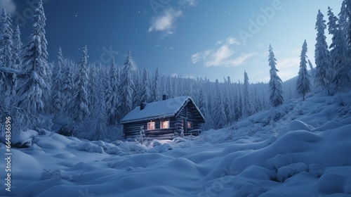 A remote, snow-covered cabin nestled in the heart of a pristine, wintery wilderness. © Amna