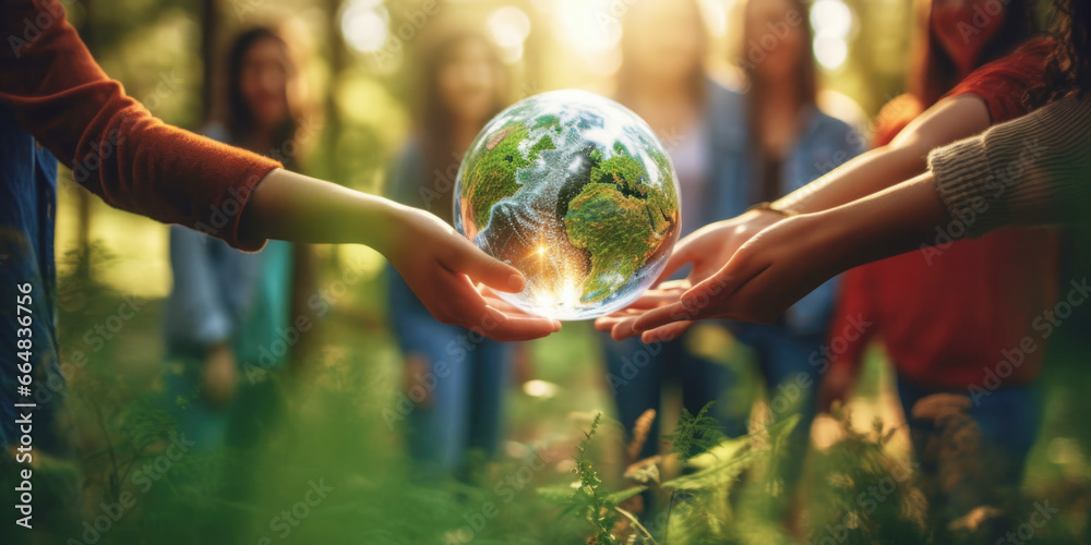 Human hands holding glass earth in green forest with sunlight. Environment, save the World, earth day, ecology, and Conservation Concept. - obrazy, fototapety, plakaty 