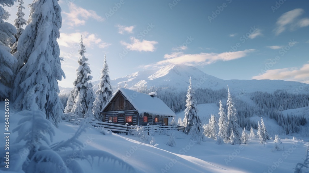 A remote, snow-covered cabin nestled in the heart of a pristine, wintery wilderness.