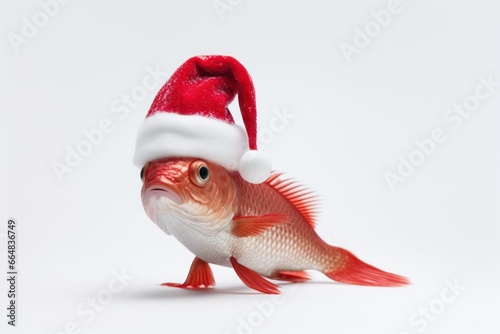 A golden fish wearing christmas hat. Christmas greeting card with golden fish. isolated on background. 