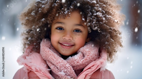 Joyful Girl in Pink Winter Coat with Snow