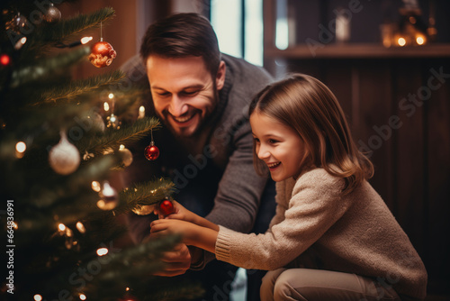 Happy parent helping their daughter son decorate the house christmas tree. Family celebrating Christmas at home.