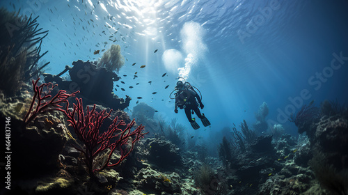 A young man scuba dives on a beautiful soft coral reef in the South Andaman.