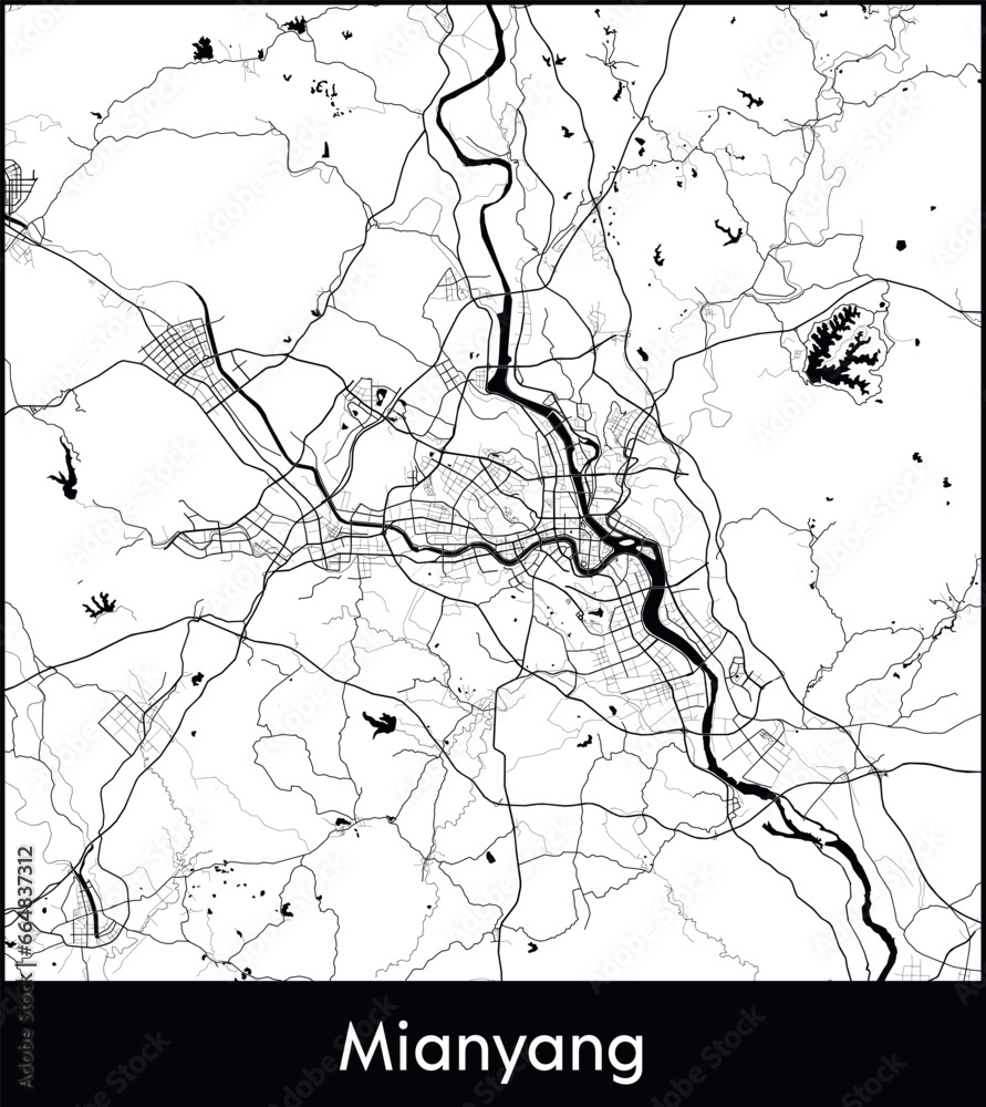 Mianyang Minimal City Map (China, Asia) black white vector illustration