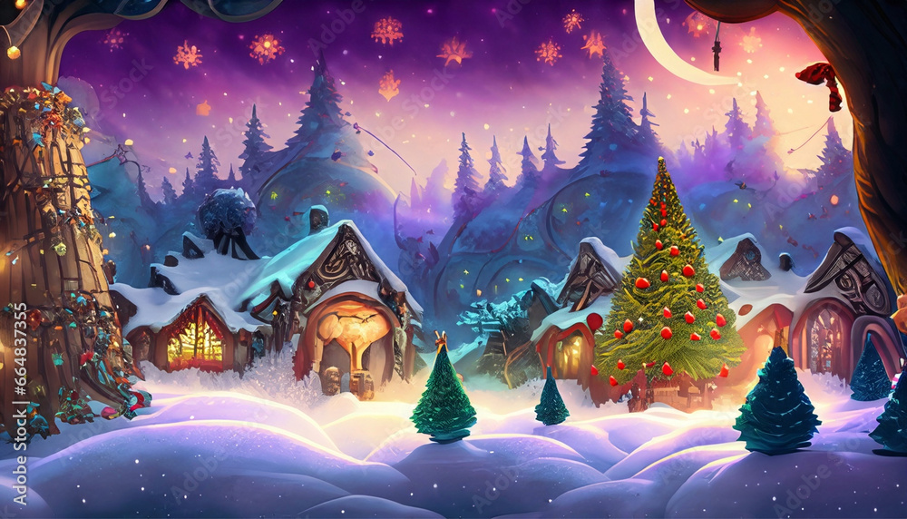 Cartoon winter landscape with christmas tree, houses and moon in the fantasy village Cartoon winter landscape with christmas tree, houses and moon in the fantasy village