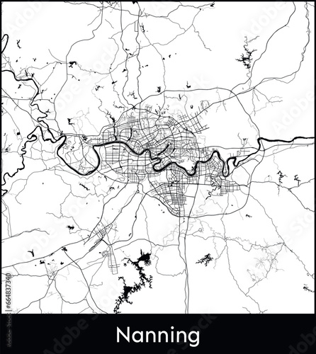 Nanning Minimal City Map (China, Asia) black white vector illustration