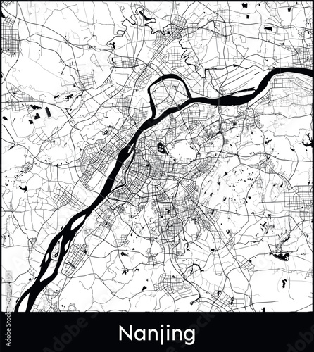 Nanjing Minimal City Map (China, Asia) black white vector illustration