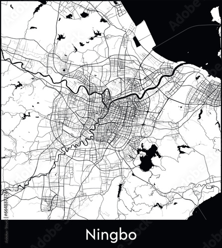 Ningbo Minimal City Map (China, Asia) black white vector illustration