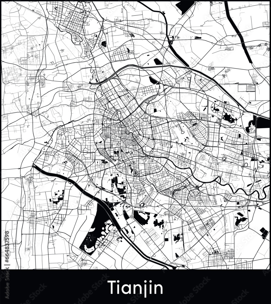 Tianjin Minimal City Map (China, Asia) black white vector illustration Tianjin Minimal City Map (China, Asia) black white vector illustration