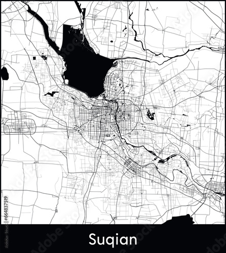 Suqian Minimal City Map (China, Asia) black white vector illustration photo