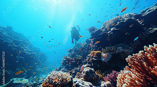A young man scuba dives on a beautiful soft coral reef in the South Andaman.
