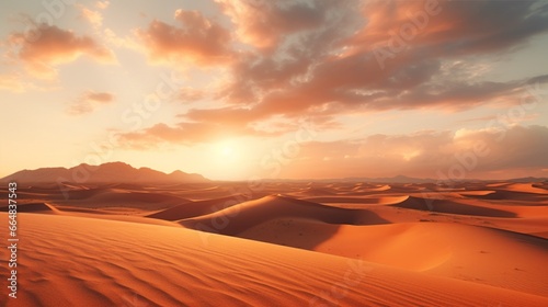 A serene desert landscape with endless sand dunes  touched by the golden rays of the setting sun.