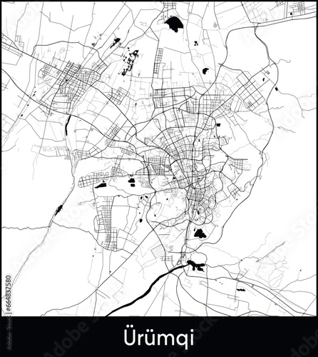 Urumqi  Minimal City Map (China, Asia) black white vector illustration