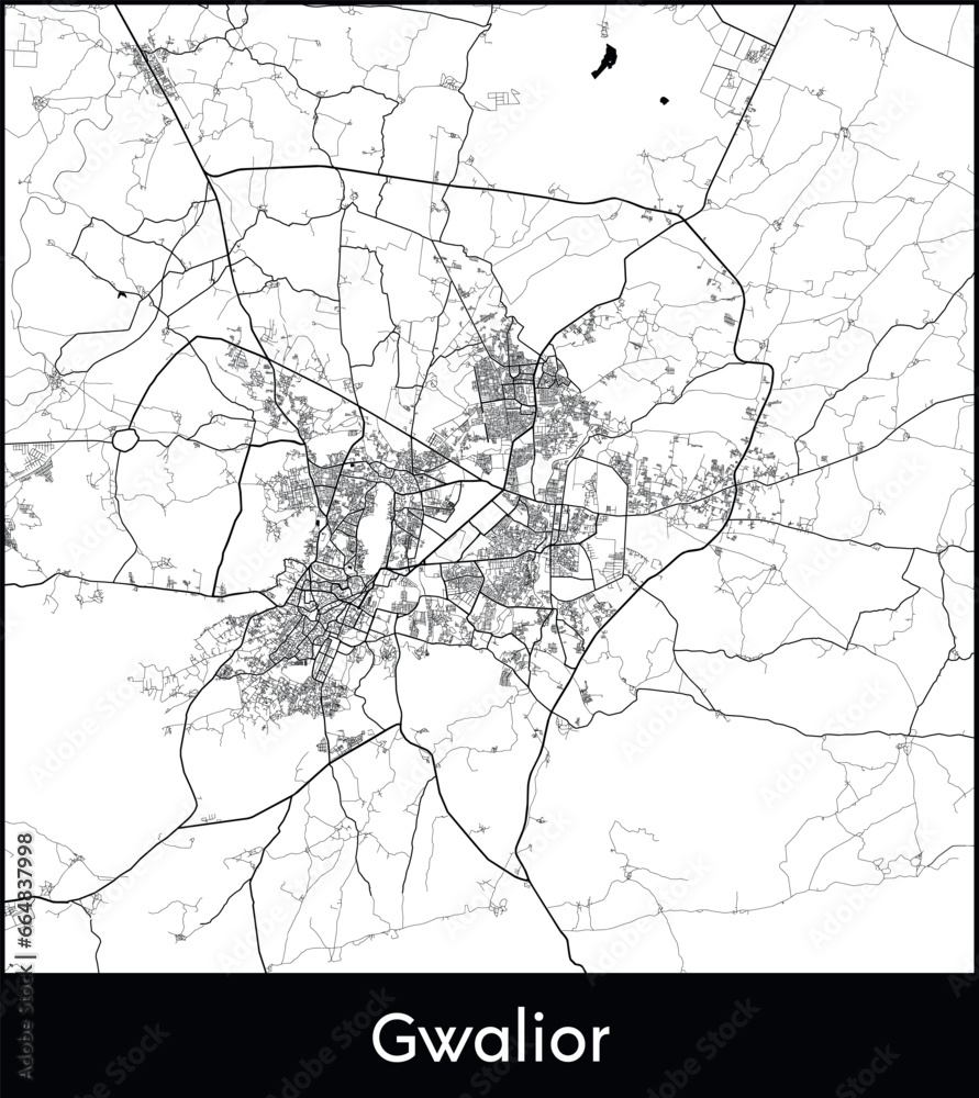 Gwalior Minimal City Map (India, Asia) black white vector illustration