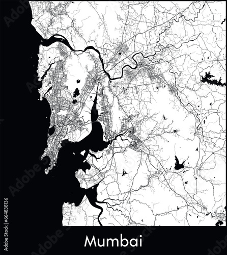 Mumbai Minimal City Map (India, Asia) black white vector illustration