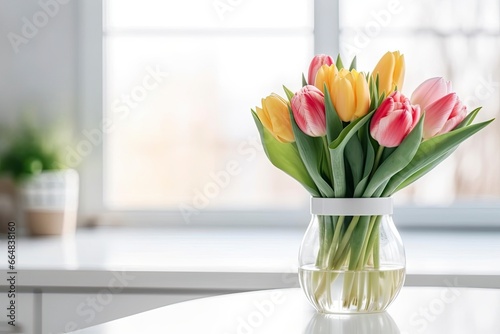A bouquet of tulips on a white table. © MdKamrul