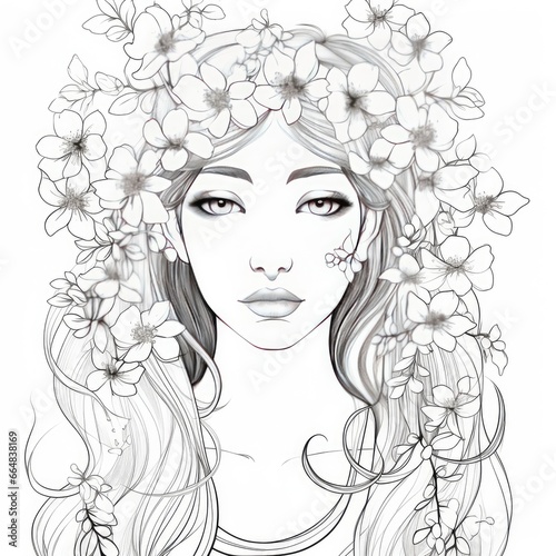 A girl on a coloring book page with Jasmine flowers.