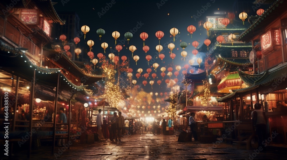 A bustling night market in a bustling Asian city, awash in a sea of colorful lanterns and street food stalls.