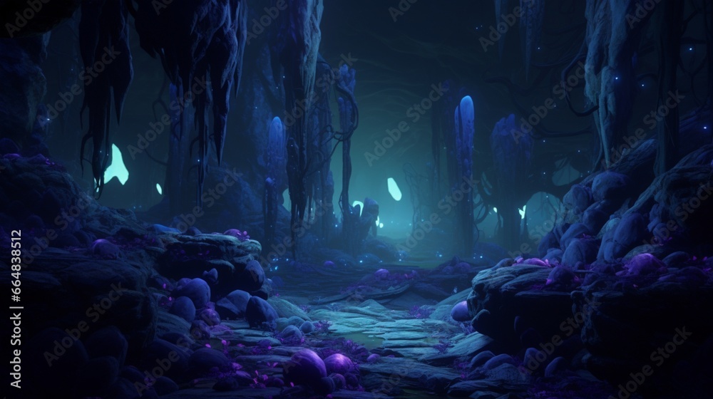 A surreal underwater cave with bioluminescent creatures illuminating the rocky walls.