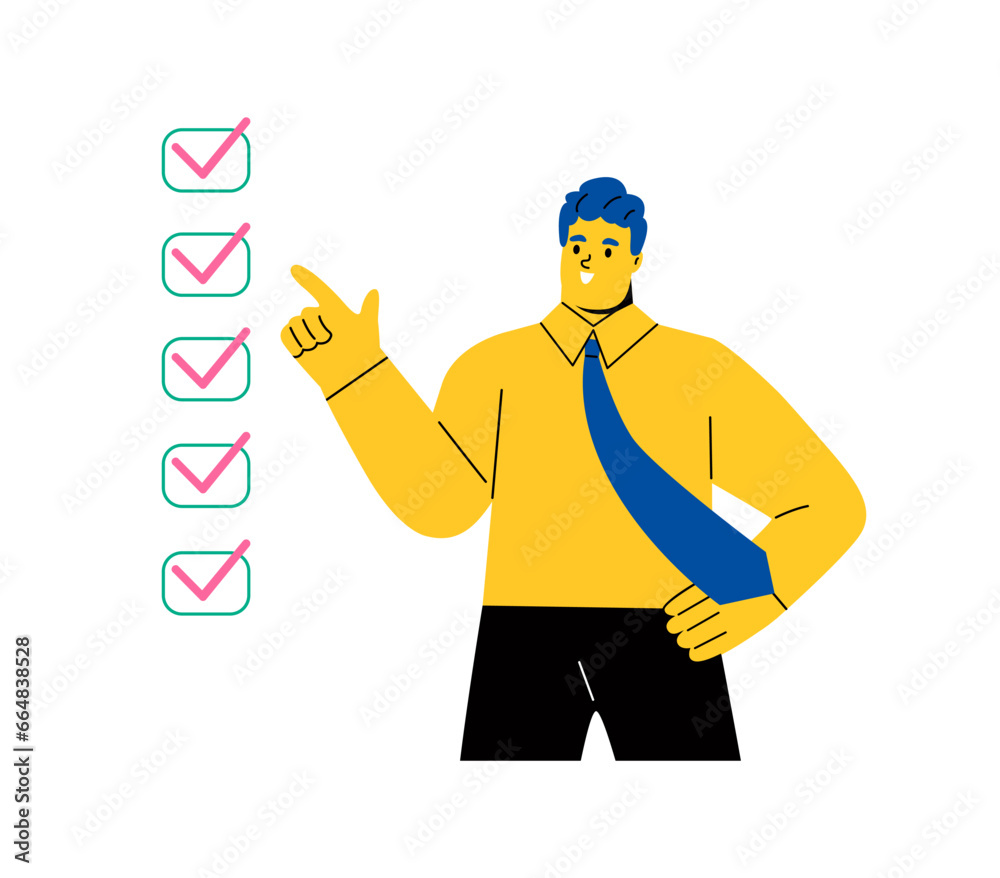 Business man explaining check items. Flat vector illustration isolated on white background Business man explaining check items. Flat vector illustration isolated on white background